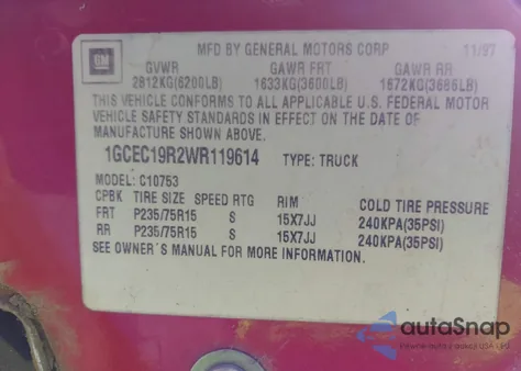 1998 Chevrolet C1500 Fleetside z USA, uszkodzony, nr VIN 1GCEC19R2WR119614